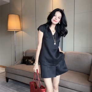 Shalldoer | Casual Minimalist Womens Summer Outfit Short Sleeve V-Neck Shirt Loose Shorts Two-Piece Set Pure Color Polo Neck Design