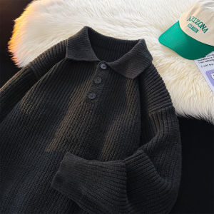 เสื้อสเวตเตอร์คอโปโลหลวมๆ สไตล์ญี่ปุ่นสำหรับผู้ชาย ฤดูใบไม้ร่วง/ฤดูหนาว ปกเสื้อสเวตเตอร์สีพื้น ปกพับ อบอุ่น ถัก