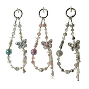 Pearl Light Luxury Wind Alloy Butterfly Phone Chain Fashion Crystal Car Keychain Decorative Chain Bag Hanging Decoration