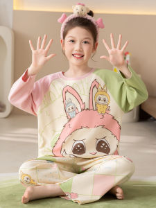 Pure Cotton Long Sleeve Cartoon Childrens Home Clothes Set for Girls Toddler Girls Sleepwear Comfortable Breathable Soft round Neck
