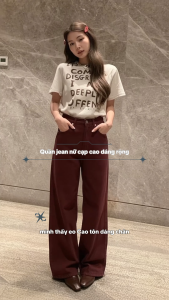 Quần Jean Nữ Suông Đỏ Mận Trơn Dài Ống Rộng Lưng Cao Tôn Dáng