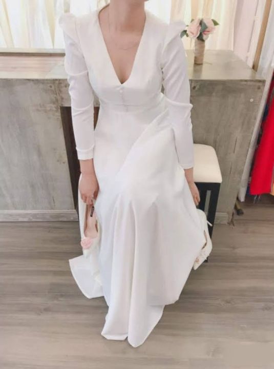 (Ảnh thật feedback) váy đi bàn, đầm chụp ảnh cưới cổ tim đính cúc theo vải váy . DRESS47