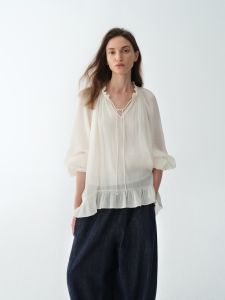 epoque de rueen | Glossy Silk Loose V-Neck Slimming Drape Shirt