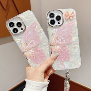 【New】Electroplated Silver Metal Frame Pink 3D Butterfly Pattern Phone Case with Bracelet For iPhone X XS XR 11 12 13 14 15 Series