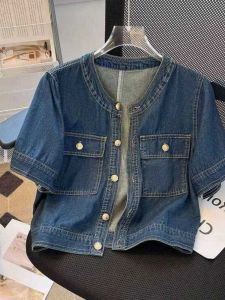 Slimming Effect Vintage Short Sleeve Denim Jacket round Neck Korean Style Fashionable Thin Outerwear Top for Women Summer 2025
