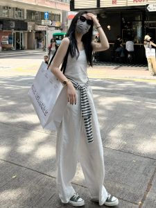 Quần Ống Rộng Bằng Vải Lanh Cotton Cạp Cao Cho Nữ Quần Dài Ống Đứng Rộng Rãi Quần Dài Thường Ngày Bằng Vải Lanh Màu Trắng Dài Đến Sàn