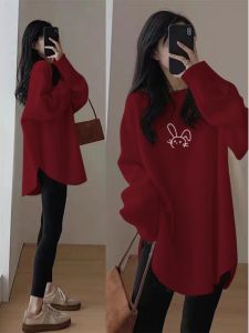 Thickened Mid-Length Long Sleeve Red Velvet Inner Wear Base Shirt Shark Pants Top Womens Fashionable Autumn Winter Matching Cotton Polyester Blend Sweatshirt