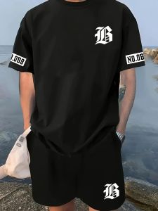 Hot selling summer new mens set with letter print casual fashion T-shirt short sleeved shorts sports outdoor set