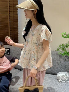 Korean Style Sweet Floral Ruched Doll Shirt Womens Summer Loose Casual Belly Covering Slimming Small Flounced Sleeve Short Tops