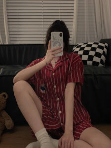 Cotton Pajamas Couple Summer Loose Short Sleeve Turn-down Collar Mens Bear Home Clothes Two-piece Set Sweet Style Home Clothes