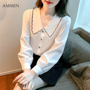 AMMIN สไตล์เกาหลีแขนยาวอารมณ์ย้อนยุคตุ๊กตาคอปกเสื้อชีฟองสำหรับผู้หญิง2022ฤดูใบไม้ร่วงการออกแบบใหม่แฟชั่นหรูหราชีฟองด้านบน
