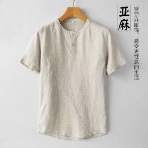 New Mens Summer Thin Linen Short Sleeve T-Shirt Loose Casual Cotton Linen Style Fashion Retro Mens Wear Standard Fit Button Detail Cool Feeling