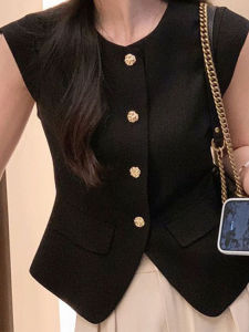 Womens Black Knitted Top Thin Summer New Korean Style Sleeveless Vest Outerwear Commute Style Slim Fit Pure Color round Neck