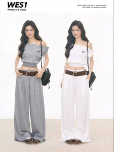 WESTAYONE | Houndstooth Knit Slant-Shoulder Short-Sleeve Casual Athletic Crop Top T-Shirt Sweatpants Set