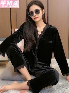 ชุดนอนผ้ากำมะหยี่สีทองสำหรับผู้หญิง ชุดนอนฤดูใบไม้ผลิและฤดูใบไม้ร่วง ชุดนอนฤดูหนาวเซ็กซี่ ชุดนอนผ้ากำมะหยี่สำหรับผู้หญิง