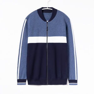 Mens Fashionable Color Block Zipper Double Collar Knitted Sweater Fake Two-Piece Long Sleeve round Neck Spring Autumn Wear