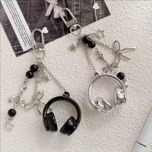 Vintage Headset Shape Keychain Sweet Bow Star Keyring Handbag Charms Accessories Party Gifts Jewelry Car Key Ring
