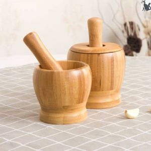 Natural bamboo and wood masher for household use old-fashioned garlic mortar manual masher with lid bamboo grinding pot