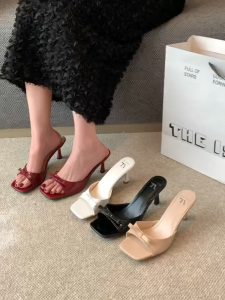 2025 Office sandals for women leather new summer square head stiletto heels sandals