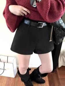 Black Woolen Mini Shorts Womens High Waist Slim Straight A-Line Bootcut Wide Leg Pants Commute Style Korean Fashion
