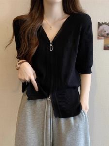 Summer New Fashionable Short Sleeve Knit Icy Silk Cardigan T-Shirt with Dual Zipper