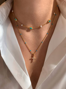 CAFFTI | Turquoise Natural Stone Cross Pendant Necklace Layered High-end