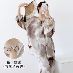 New 2025 Womens Cotton Silk Sleepwear Loose Fit Thin Summer Home Clothes Nine Points Pants V Neck Print Casual Comfortable