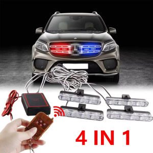 4 In 1 Red Blue Emergency Strobe Lights Police Strobe Lights 12V Wireless Remote Control Flash Grille Light for Cars Truck Van