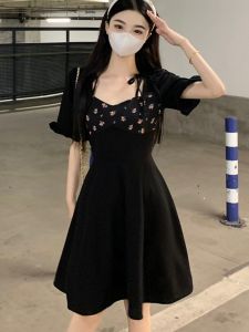 French Style Summer Shoe Lace Up Bubble Sleeve Midi Dress Plus Size Waist Tightening Design Slimming Effect