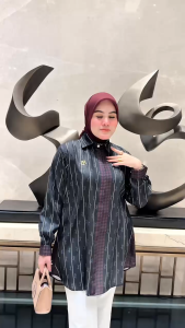 BELIFI | Linnea Shirt Atasan Kemeja Wanita Semi Tunik Baju Kerja Salur Printed Elegan