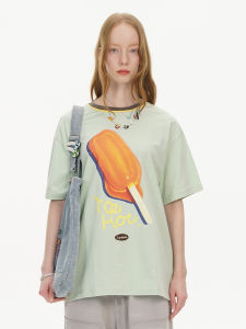 TIPSEVEN Original Design Summer Cool Cute Girl Melted Ice Cream Print Short Sleeve T-Shirt New Style Casual Cotton round Neck