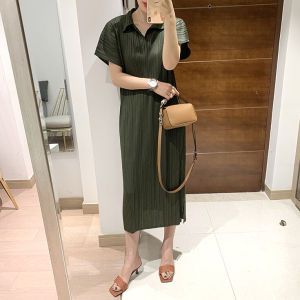 Miyake Pleated Dress Korean Fashion Polo Lapel Solid Color Loose be Thin Dress 7529