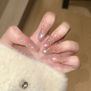 10Pcs Glitter False Nails Long Oval Rainbow Pink Cat Eye with Little Rhinestones Handmade Press On Nails