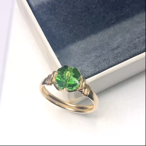 LOVEVER HANDMADE DIY US GOLD 10K AUSTRIA CRYSTAL GREEN FOUR-LEAF CLOVER LUCKY RING