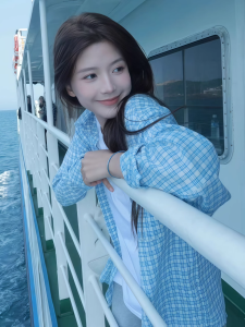 Blue Plaid Loose Womens Shirt Korean Style Design Sensation Chic Lazy Fashion Sun Protection Casual Button up Long Sleeve