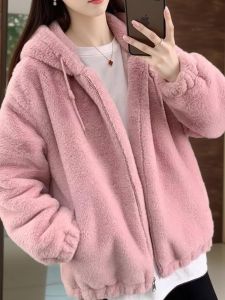 Thickened Double-Sided Fleece Lazy Rabbit Fur Jacket Womens Autumn Winter Loose Fit Coat with Hat Fluffy Outerwear Coat