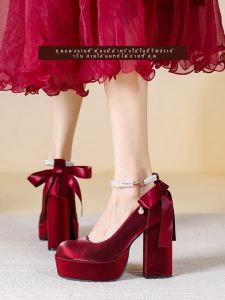 12cm Waterproof Platform Super High Heels Women Chunky Heel Red Mary Jane Wedding Shoes Bridal One-Strap Round Toe Pearl Shoes