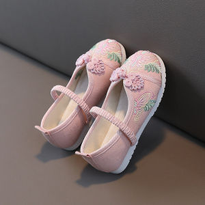 รองเท้าเด็กผ้าปักลายดอกไม้สไตล์จีนโบราณ รองเท้าผ้าใบสีพื้นสไตล์ปักกิ่งโบราณ รองเท้าเด็กผู้หญิง รองเท้าเด็กสไตล์จีน