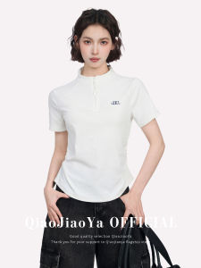 QIAOJIAOYA | Áo Thun Thể Thao Cổ Đứng Nửa Mũi Kéo T Tay Ngắn Ôm Sát Trắng
