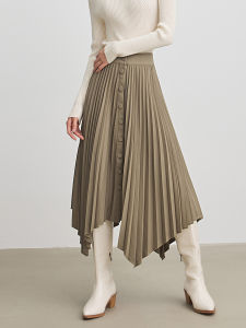 French Kaki Color Asymmetrical Pleated Midi Skirt for Women High Waist A-Line Long Skirts Commute Simple Style Autumn Season