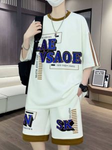 Teenage Sportswear Set for Boys Summer New Style Short Sleeve T-Shirt Fashionable Big Kids Clothing Loose Fit Polyester Fiber