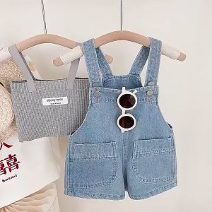 Sunday Kids Korean Girls Denim Terno Outfits Sets For Kids Girl Kint Sleeveless Tops With Denim Jumpsuit 2 Pieces Set For Kids Baby Clothes Set FO Girls