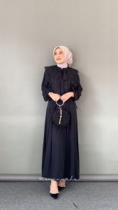 Syakila Couple Gamis Loli dan Kemeja Batik Baju Lebaran Kekinian Muslim Model Rompi Leher Tali Pita