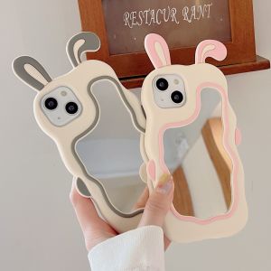【Hot】Rabbit Ears Shape Liquid Silicone Phone Case With Mirror Compatible For iPhone 7 8 X XS XR 11 12 13 14 15 Series