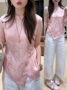 Shalldoer | ชุดเสื้อเชิ้ตแขนกุดและกางเกงขายาวลำลองสำหรับผู้หญิงในฤดูร้อน ชุดสองชิ้น ลายดอกไม้แบบไม่สมมาตร สไตล์ชาติพันธุ์ แฟชั่นลำลอง