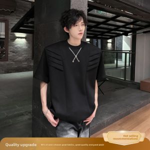 American High Street Deconstructed Heavy Shoulder Padded Short Sleeve T-Shirt Mens New 2025 Summer Design Hard And Stiff Half Sleeve