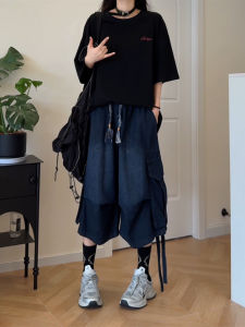 Light Blue Mens Summer Thin American Retro Denim Knee-Length Wide-Leg Workwear Horse Riding Pants Casual Straight Leg Jeans