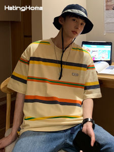 HetingHOME | Hetinghome Rainbow Summer Trendy Couple Short Sleeve T-Shirt Men Loose Striped High Street Style Cotton Breathable Round Neck