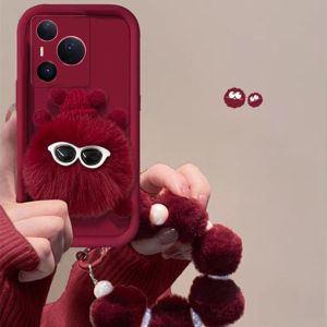 เคสโทรศัพท์ Huawei Pura 80 Pura 70 Pro Pura80 Ultra น่ารักมาก3D ปลอกลูกบอลถ่านหินตุ๊กตาสีแดงพร้อมสายรัดข้อมือไข่มุกสำหรับป้องกันเลนส์2025ฝาหลังนุ่ม