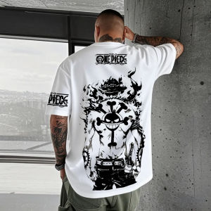 เสื้อยืดคอกลมแขนสั้นผ้าฝ้ายพิมพ์ลายวันพีซลูฟี่ทรงหลวมสไตล์อเมริกันสำหรับผู้ชายและผู้หญิงใส่สบายระบายอากาศได้ดีสำหรับฤดูร้อน